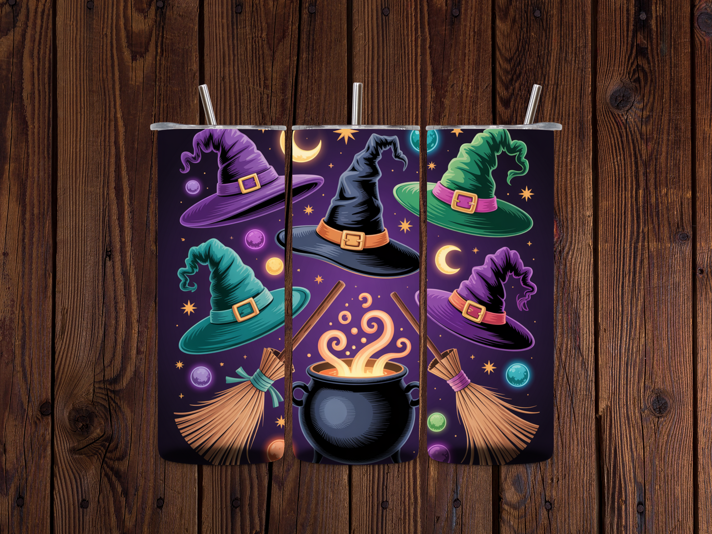 Decorative panel with witch hats, brooms, and a cauldron on a wooden background