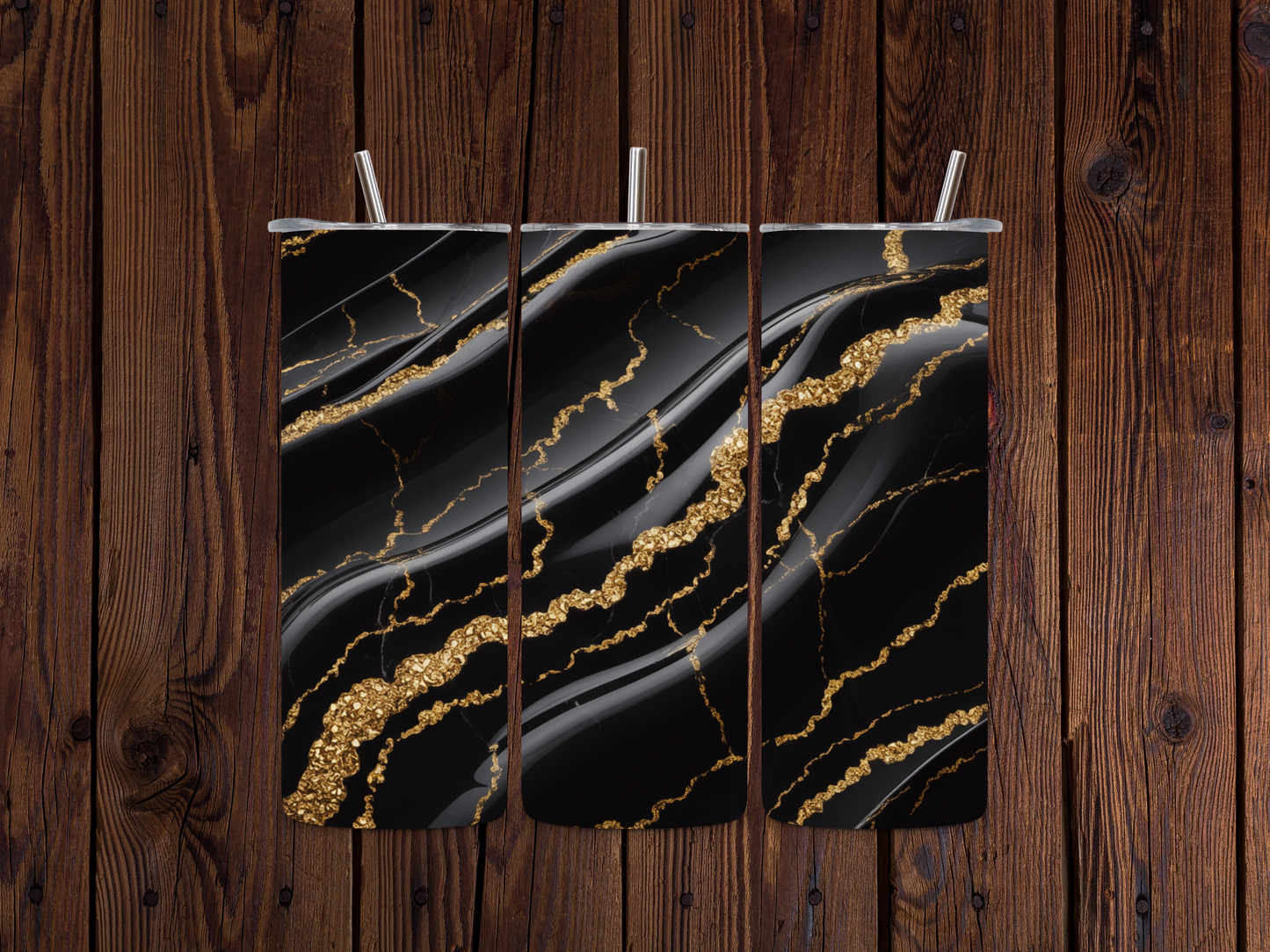 Black marble surface with gold veins on a wooden background