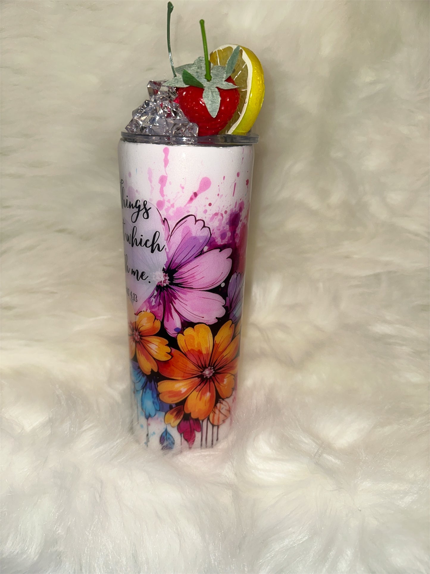 Philippians 4:13 Faith Tumbler” – Faux Ice Topper with Cherry & Lemon Accent-HANDMADE TO ORDER