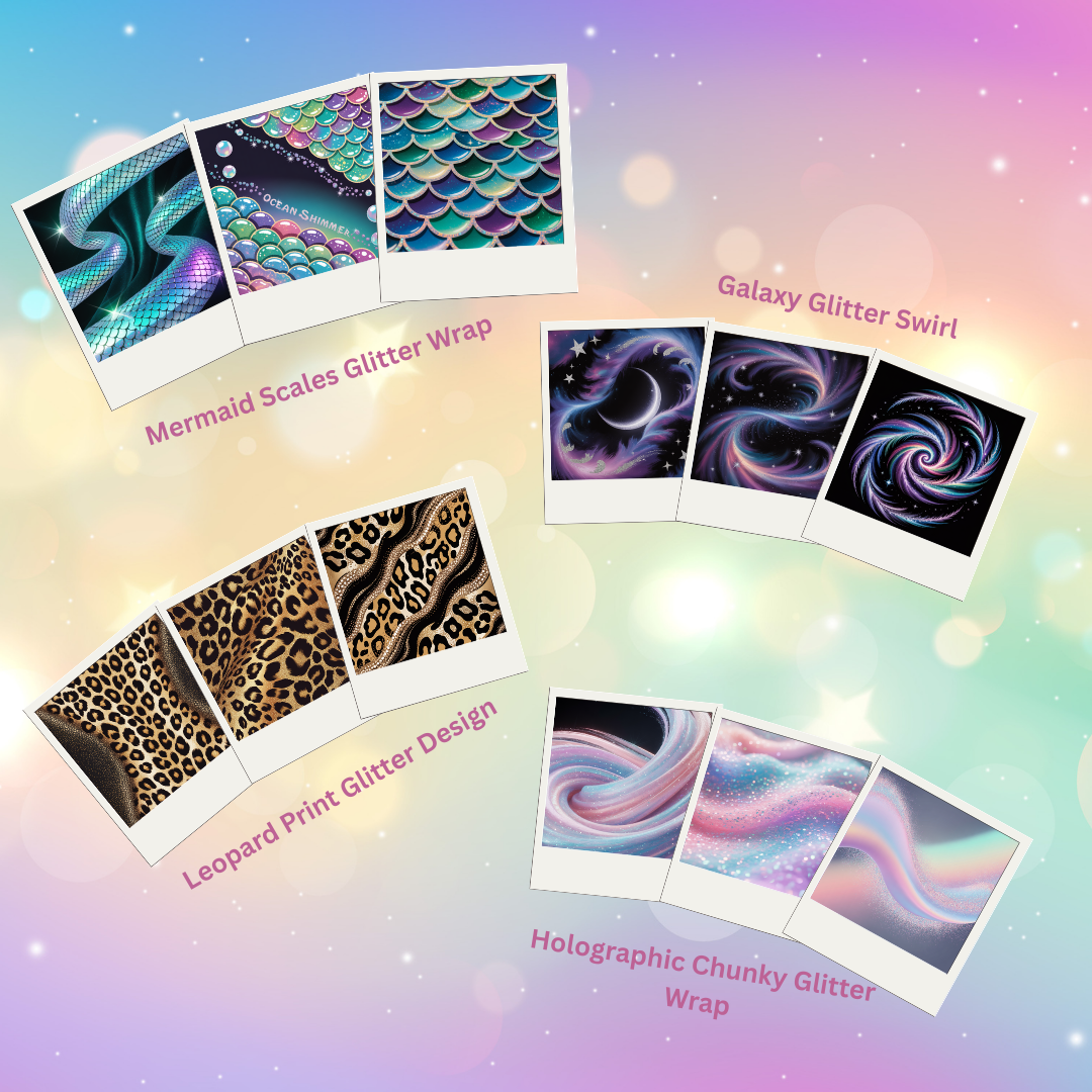 Collection of glitter wrap designs with labels on a colorful gradient background