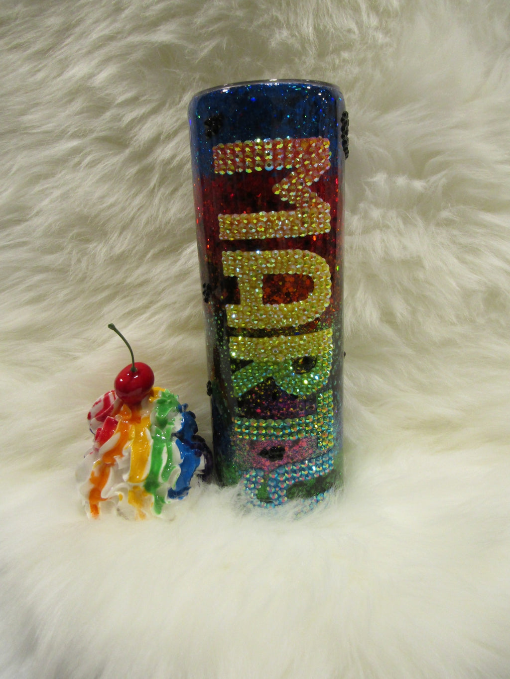 Custom “Mardi Gras Pride” Rainbow Rhinestone Tumbler with Whipped Cream Topper