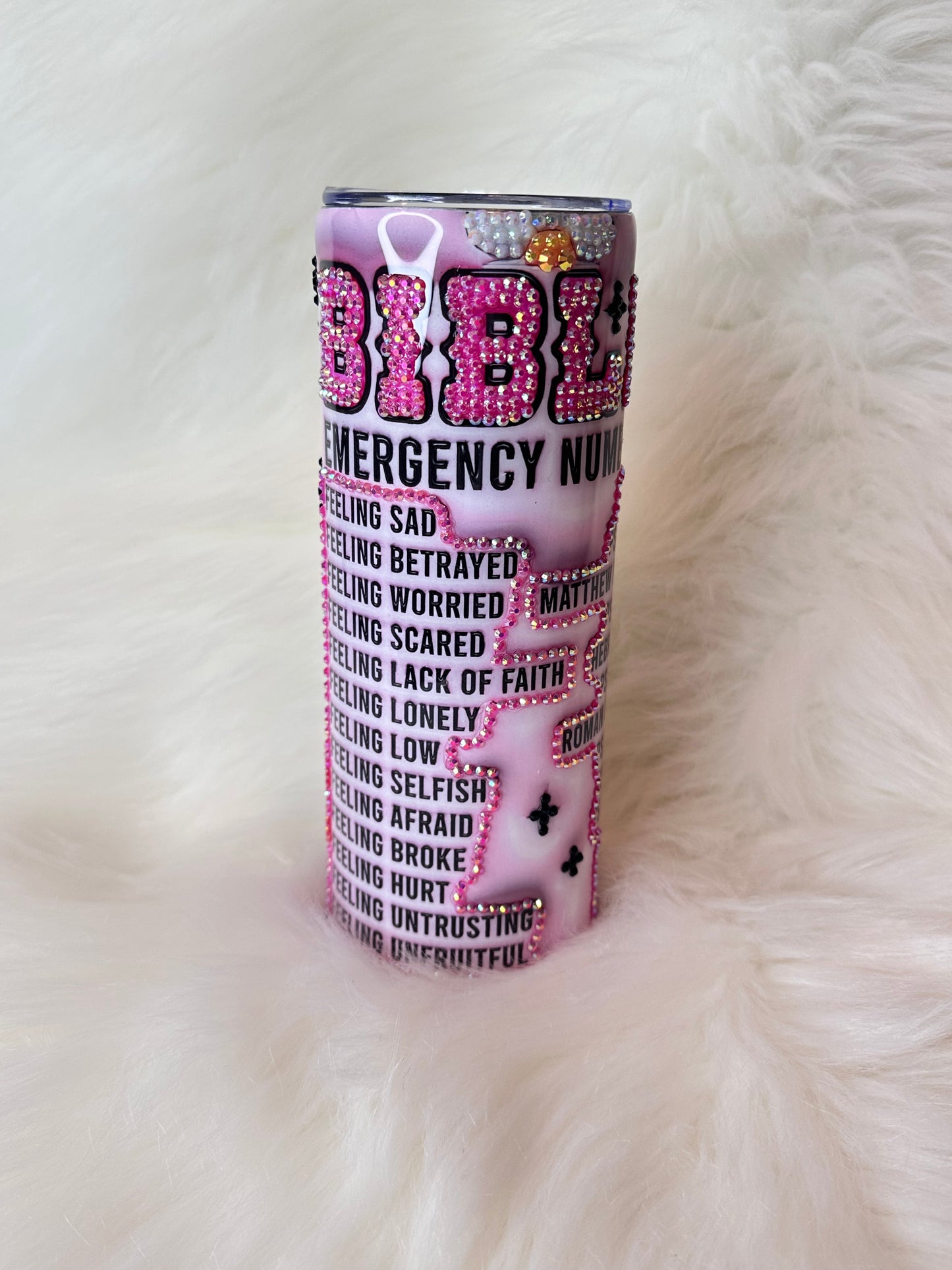 Rhinestone-Embellished Bible Emergency Numbers Tumbler