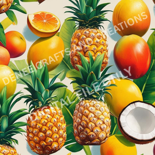 Summer Tropical Fruit Digital Tumbler Wrap – Pineapple, Mango & Coconut Collage