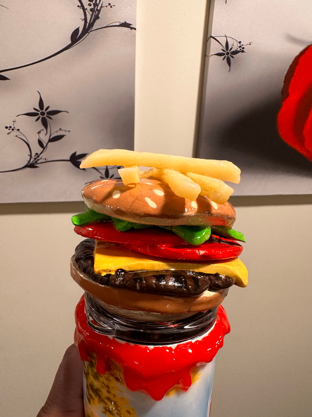 Burger King Inspired 3D Tumbler – Hand Sculpted Food Topper – 20oz Epoxy Custom Cup – Realistic Burger & Fries Lid – Unique Handmade Gift