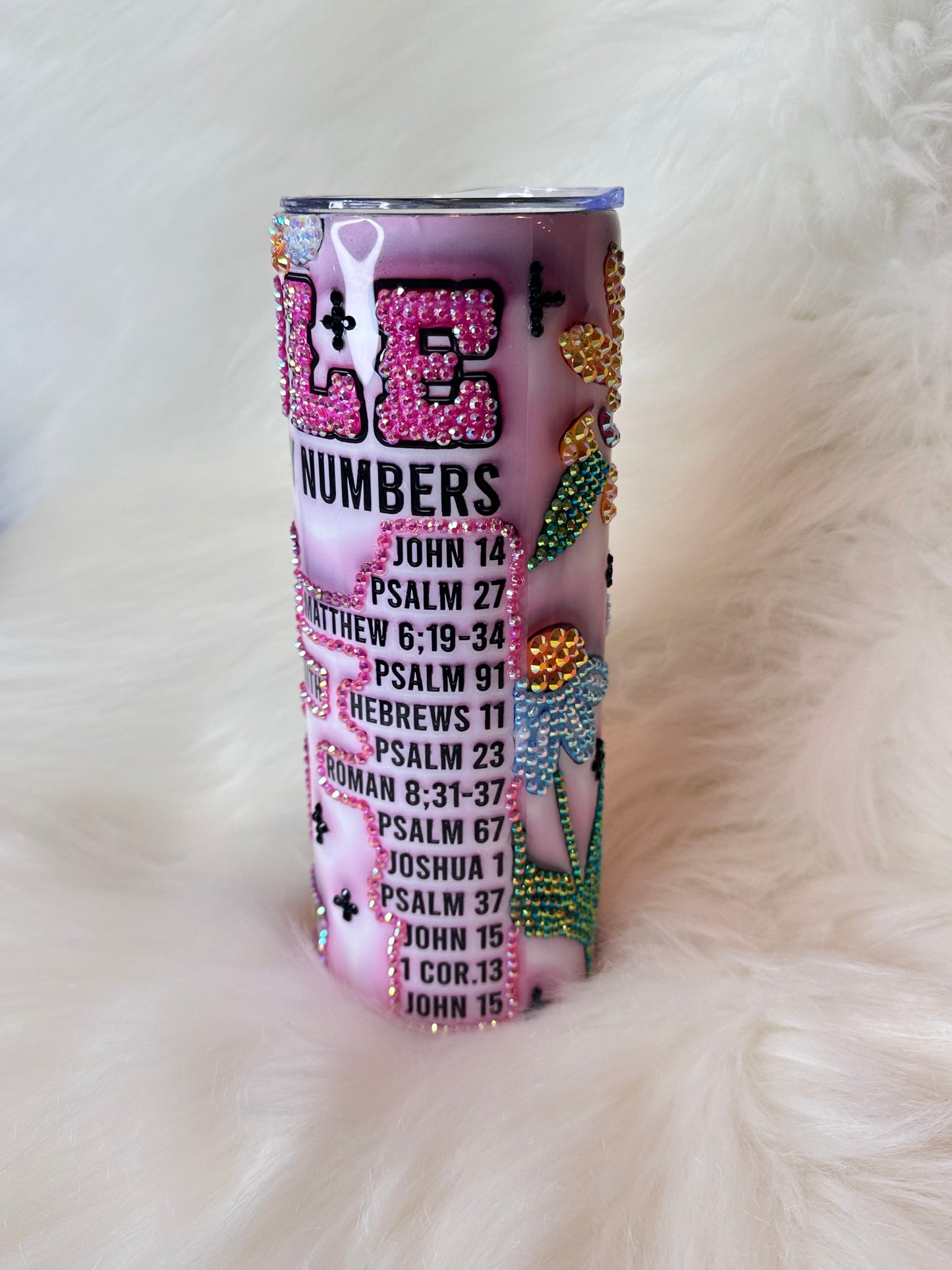 Rhinestone-Embellished Bible Emergency Numbers Tumbler