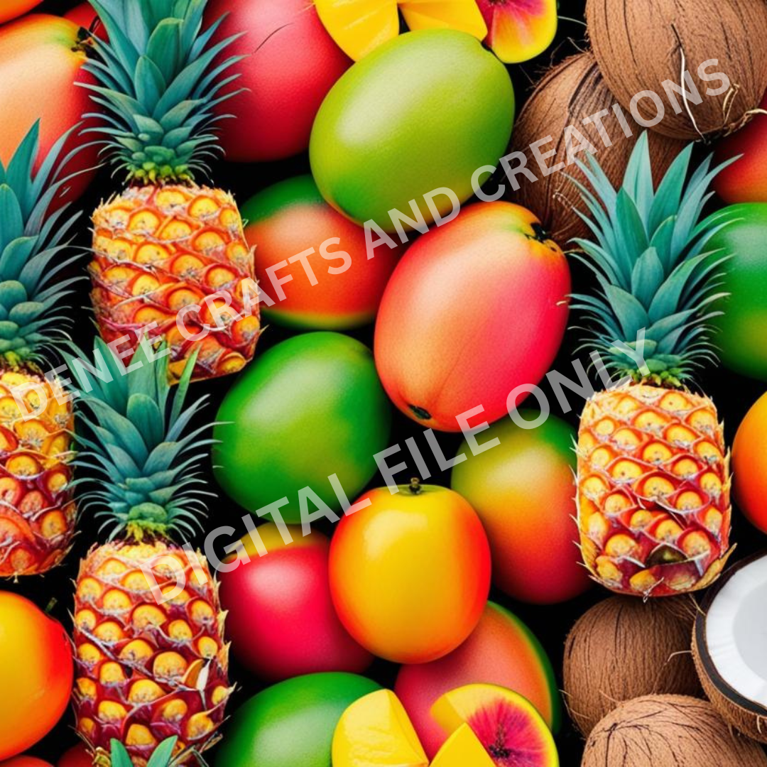 Summer Tropical Fruit Digital Tumbler Wrap – Pineapple, Mango & Coconut Collage
