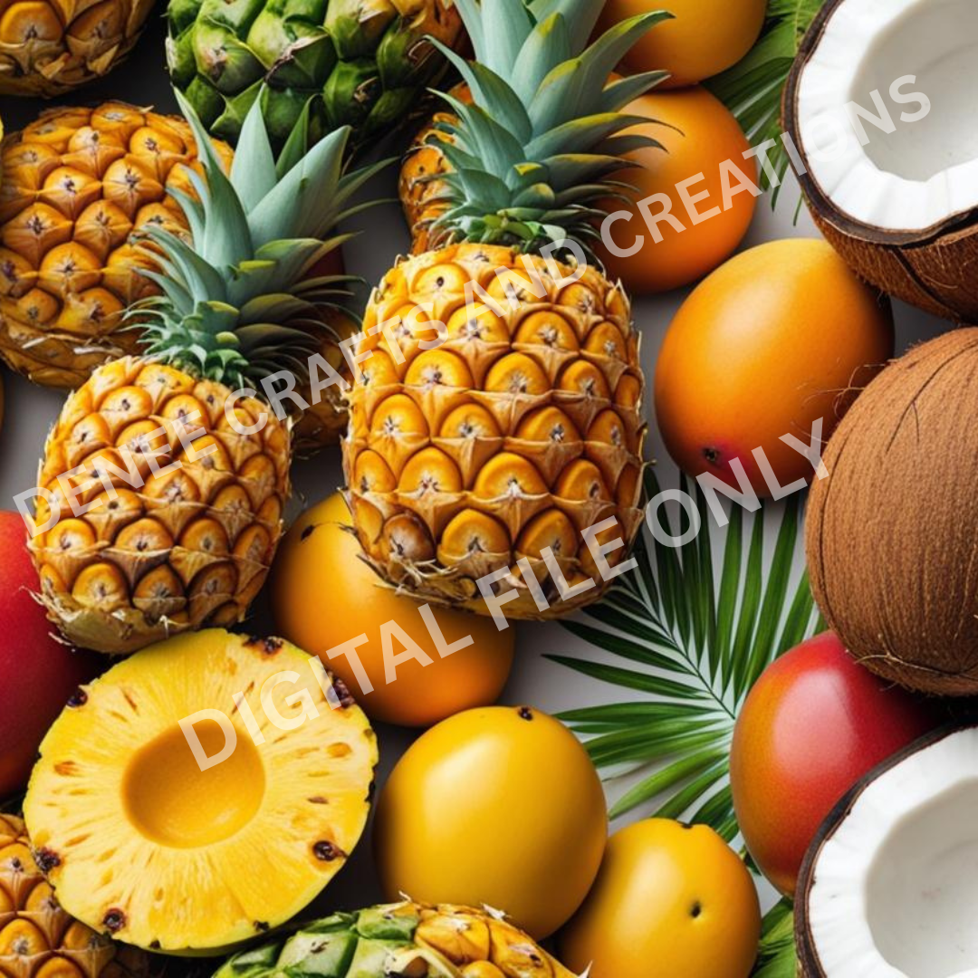 Summer Tropical Fruit Digital Tumbler Wrap – Pineapple, Mango & Coconut Collage