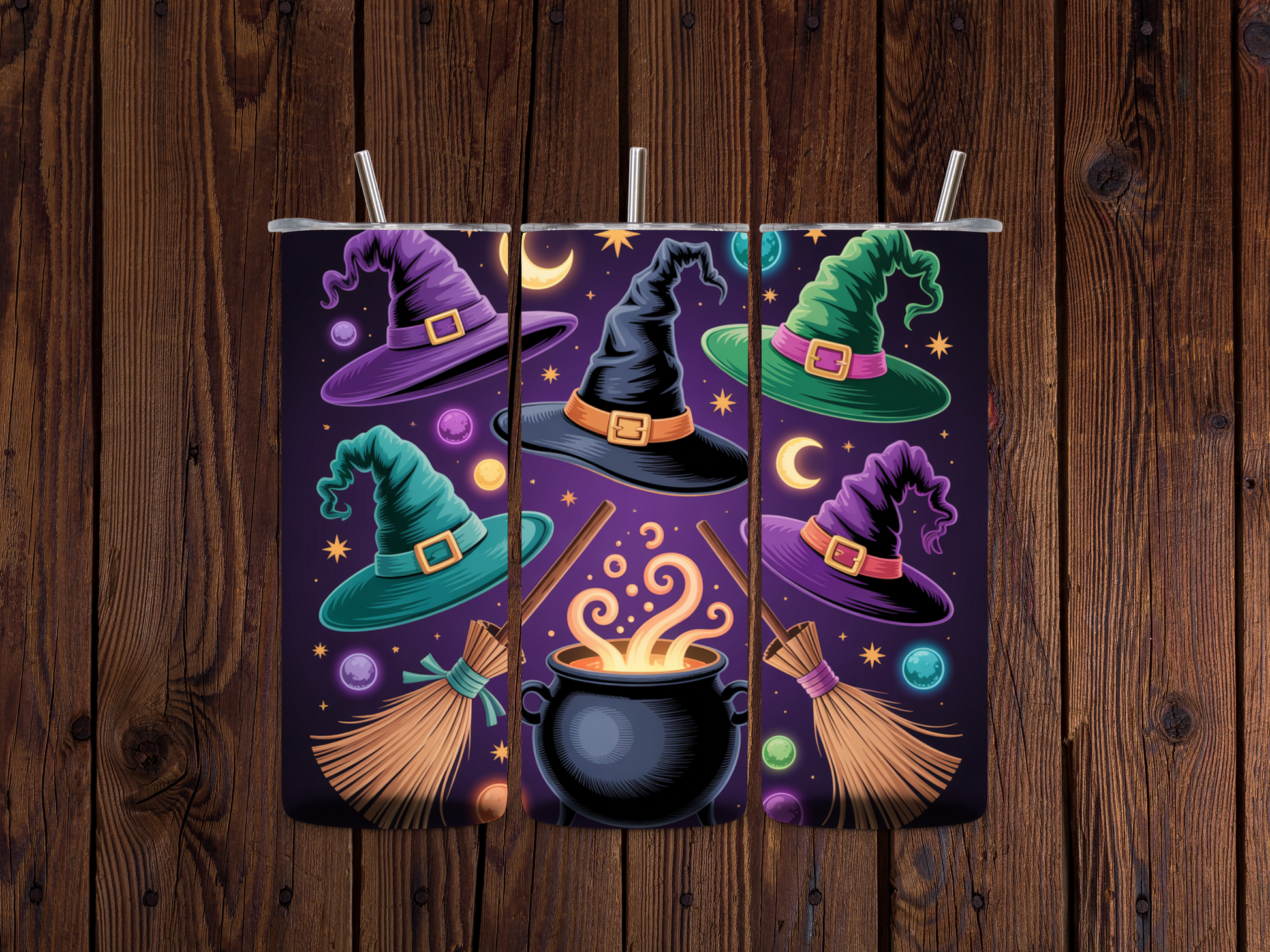 Decorative panel with witch hats, brooms, and a cauldron on a wooden background