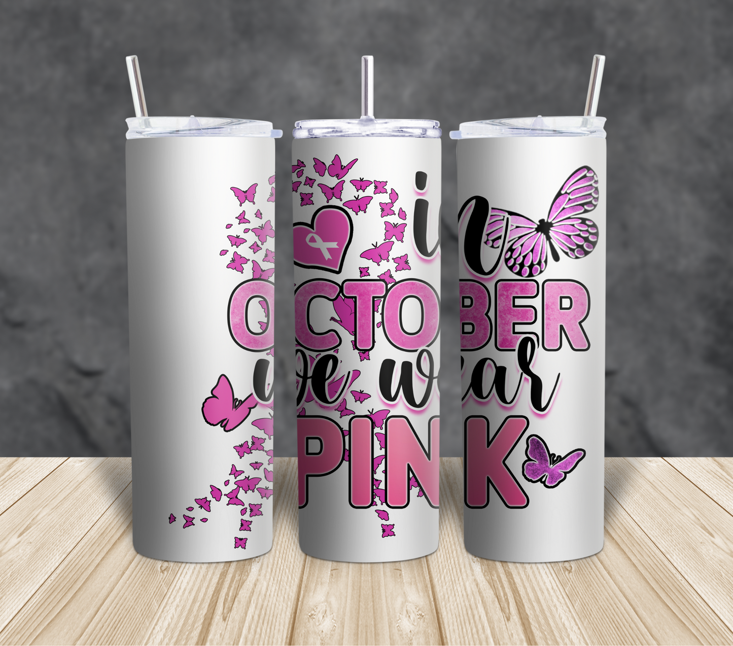 In October, we wear pink Tshirt and Tumbler set