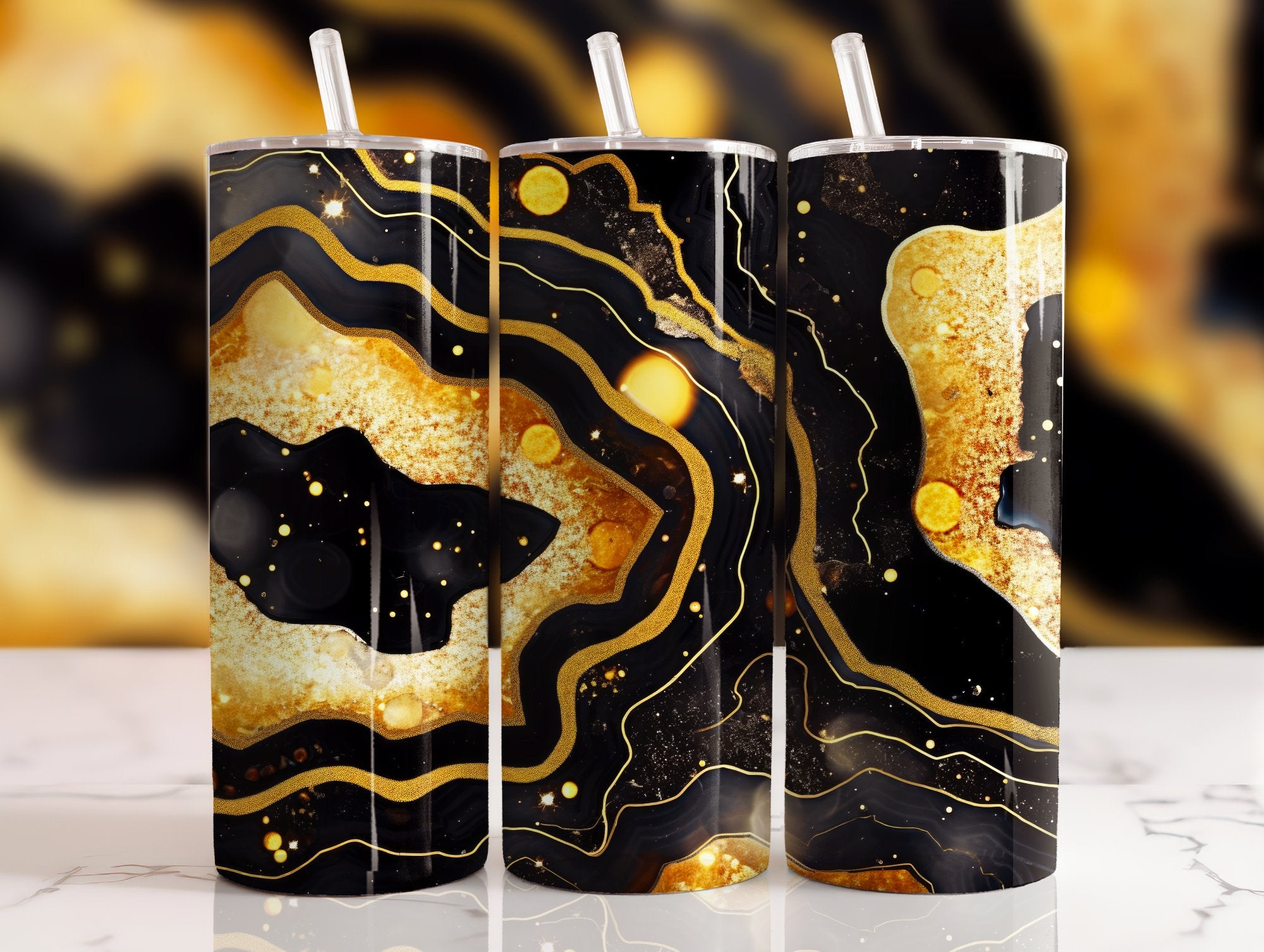 Luxury Black & Gold Geode Tumbler | Marble Agate Alcohol Ink Design | 20oz Skinny Stainless Steel Tumbler
