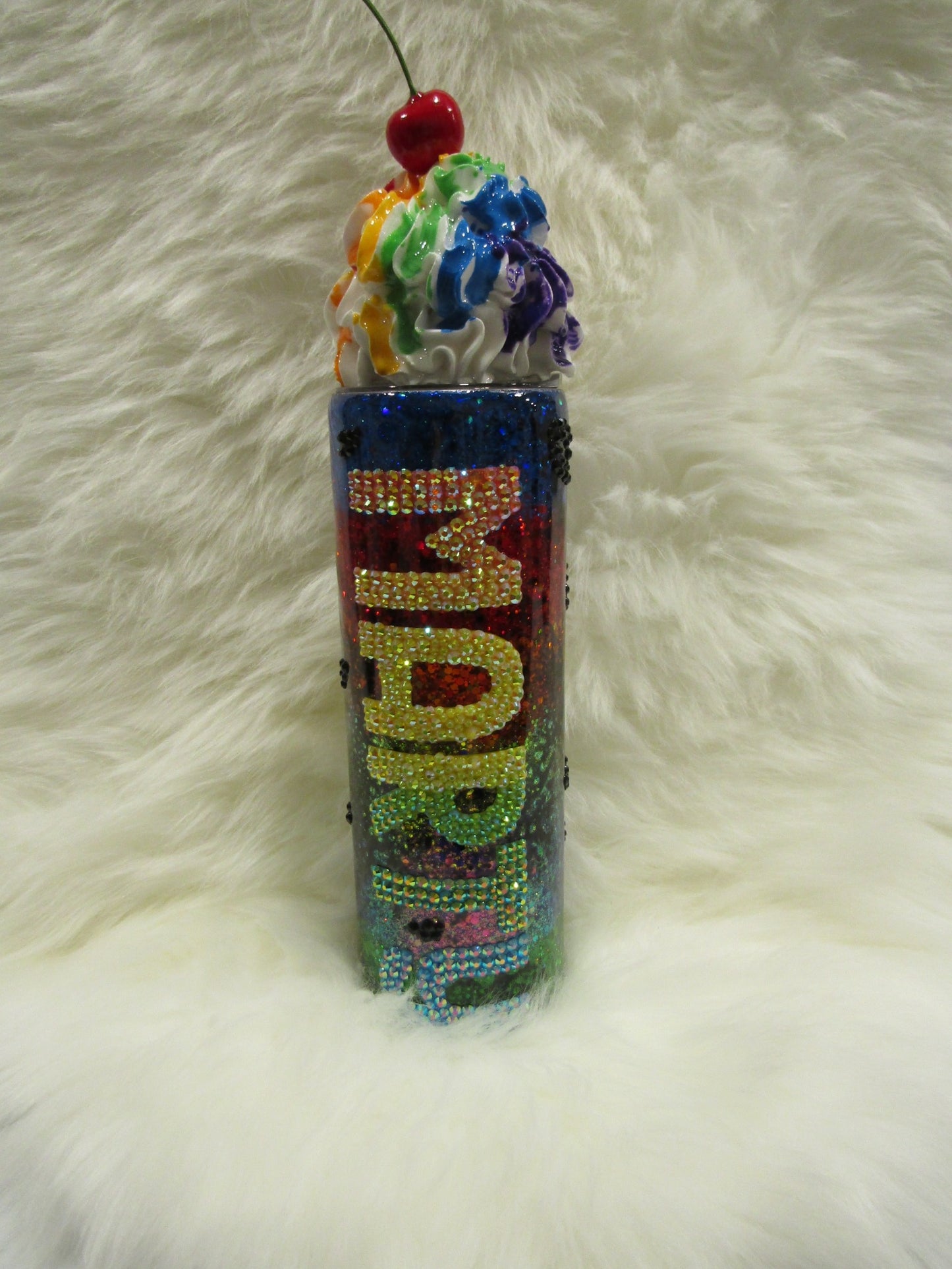 Custom “Mardi Gras Pride” Rainbow Rhinestone Tumbler with Whipped Cream Topper