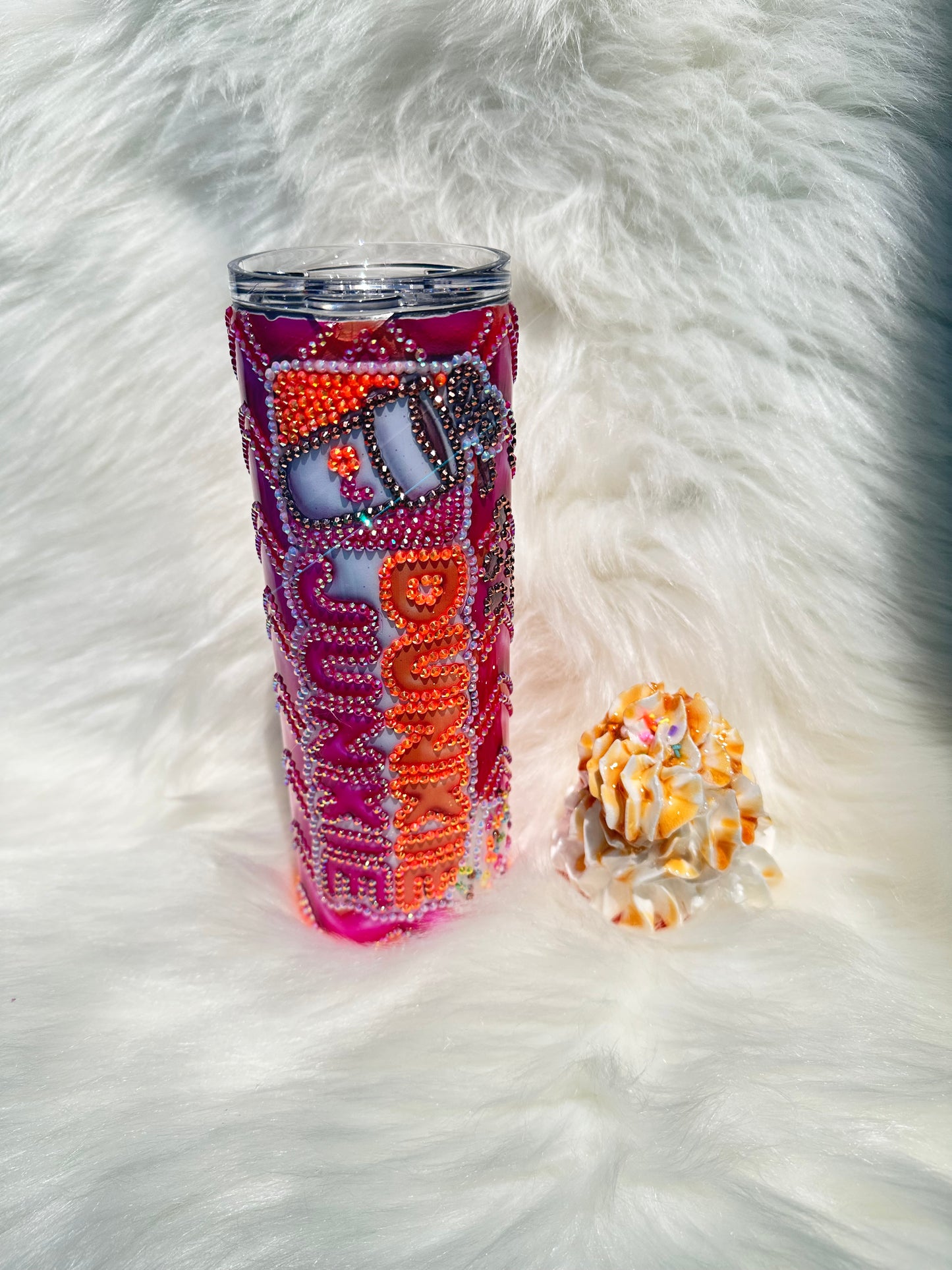 Dunkie Junkie’ Dunkin’ Donuts Tumbler with Whipped Cream Topper and Rhinestone Embellishments