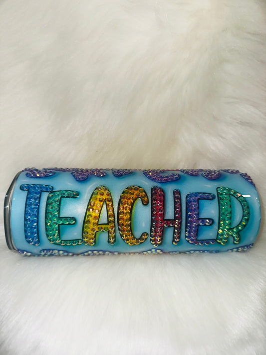 Rainbow Teacher Sublimation Cup with Rhinestone Finish | Personalized Teacher Gift | Custom Sticker Paper Design