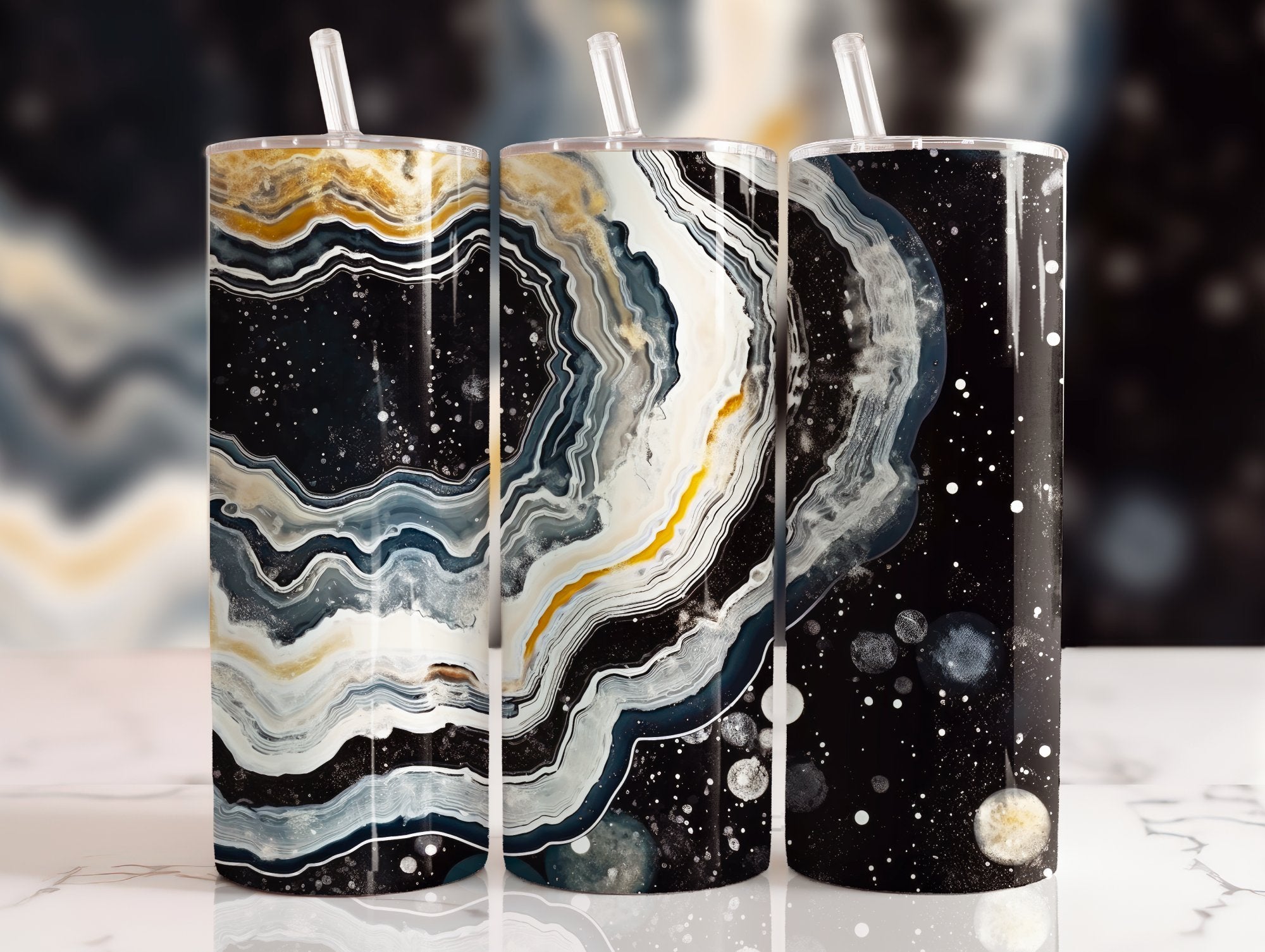 Luxury Black & Gold Geode Tumbler | Marble Agate Alcohol Ink Design | 20oz Skinny Stainless Steel Tumbler