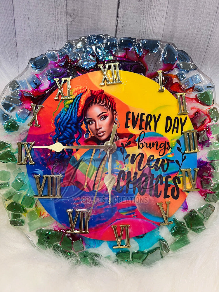 "Choices" Afro Lady Fire Glass Clock