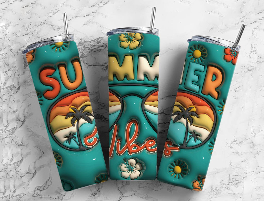 Summer Vibes 20oz Skinny Tumbler | Retro Beach Sunset Palm Tree Epoxy Cup | Tropical Aesthetic Handmade Tumbler