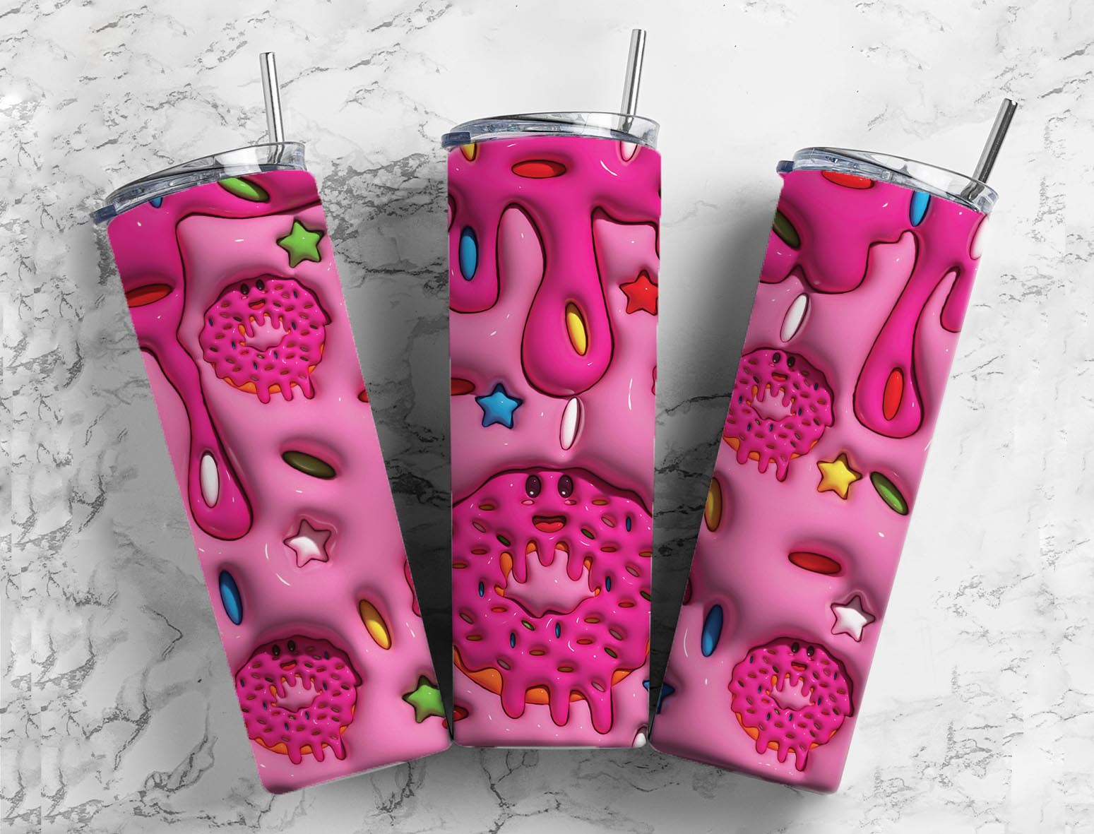 Pink Drip Donut 20oz Skinny Tumbler | Cute Candy Sprinkle Epoxy Cup | Handmade Glossy Dessert-Themed Tumbler