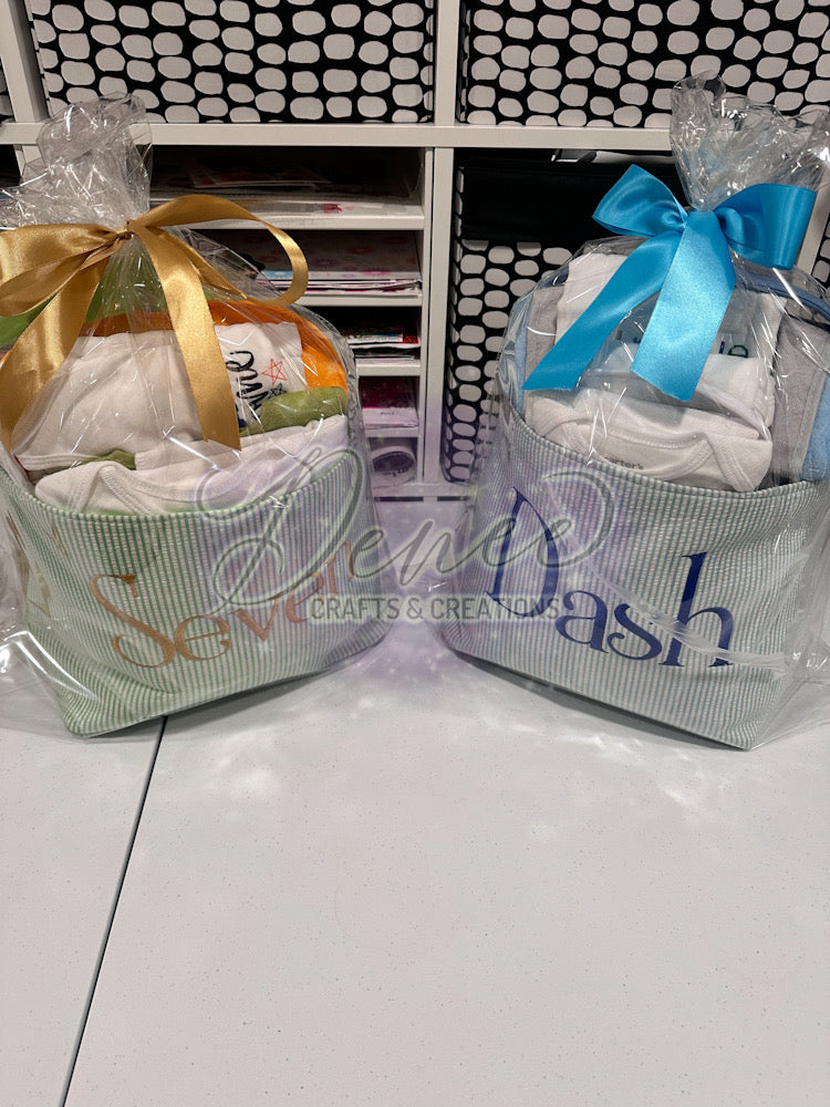 Embroidered Baby Shower Baskets and clothing