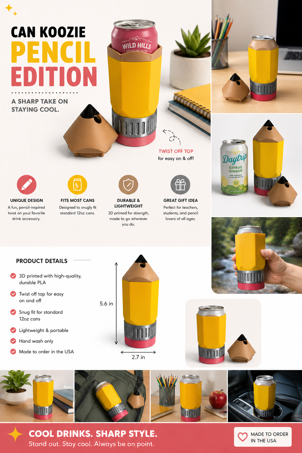 Personalized Pencil Can Cooler| 3D Printed Teacher Gift | Back to School Drink Holder | Custom Name Koozie | Unique Desk Accessory | Student Gift