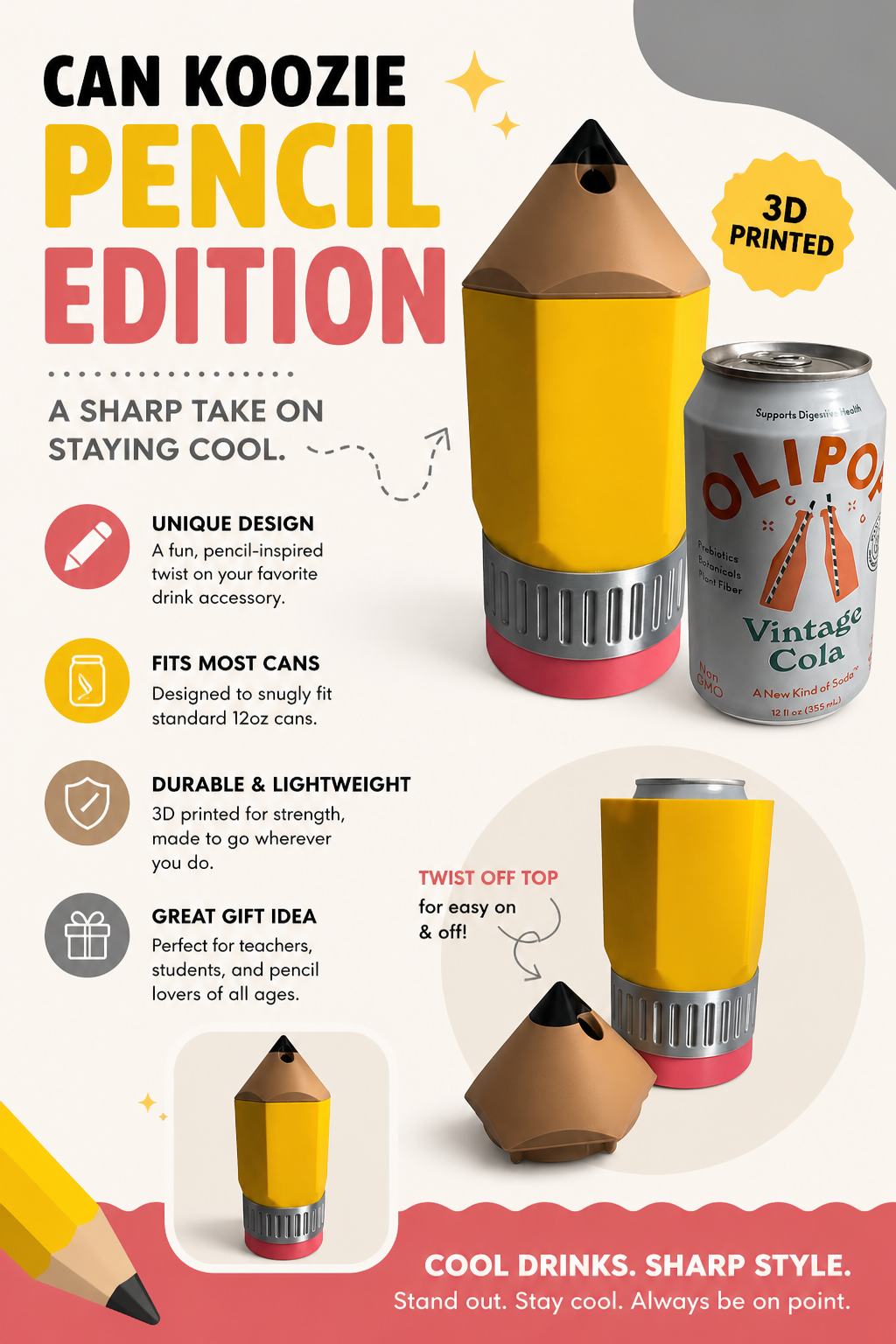 Personalized Pencil Can Cooler| 3D Printed Teacher Gift | Back to School Drink Holder | Custom Name Koozie | Unique Desk Accessory | Student Gift
