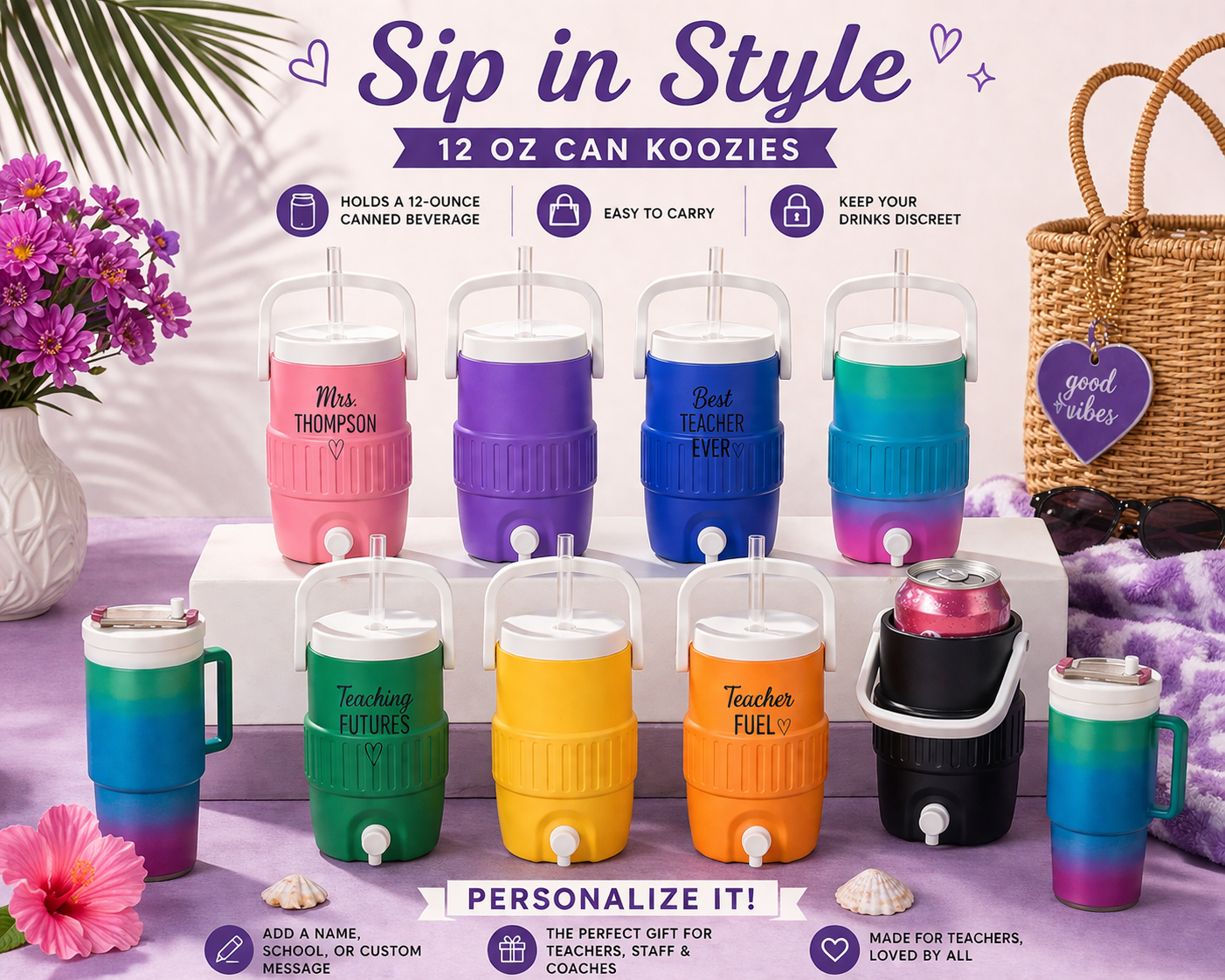 3D Printed Can Cooler with Handle and Straw Lid | Includes Chapstick Holder
