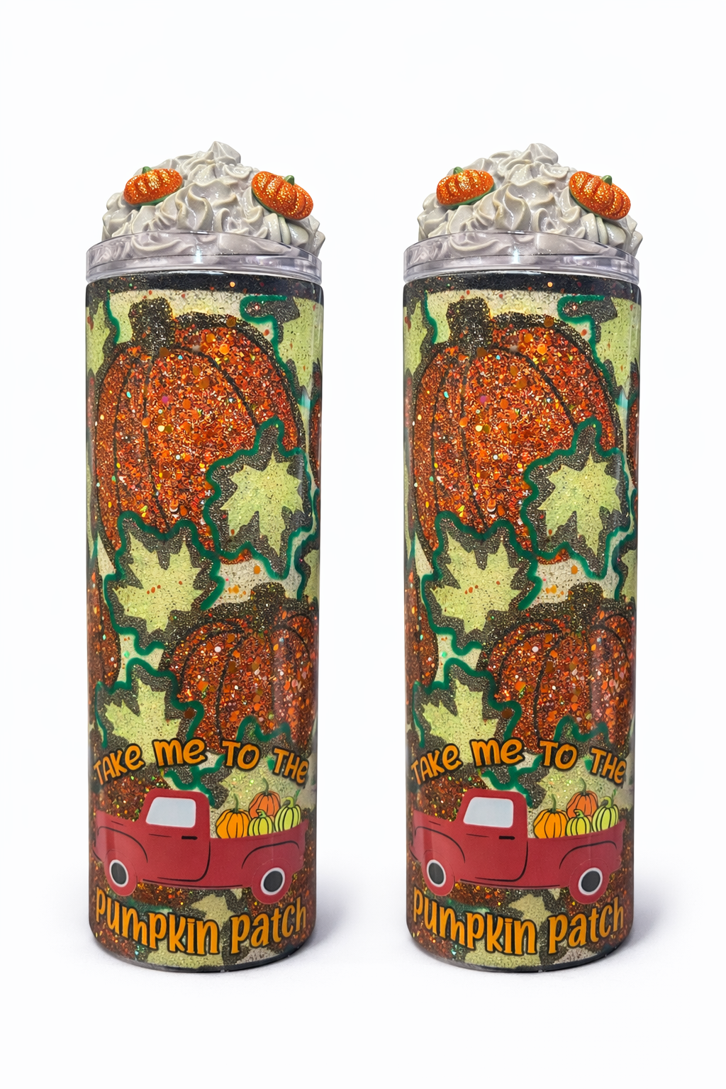 Pumpkin Patch 20oz Skinny Glitter Tumbler with 3D Whipped Cream Lid – Fall Pumpkin Stainless Steel Epoxy Cup