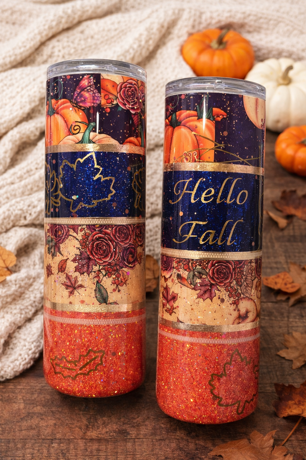 Hello Fall 20oz Skinny Glitter Tumbler – Autumn Pumpkin & Floral Epoxy Stainless Steel Cup with Gold Foil Accents