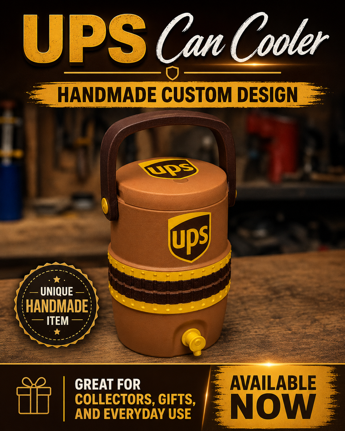 UPS-Inspired Handmade Can Cooler | Brown & Gold Custom Collector Cooler