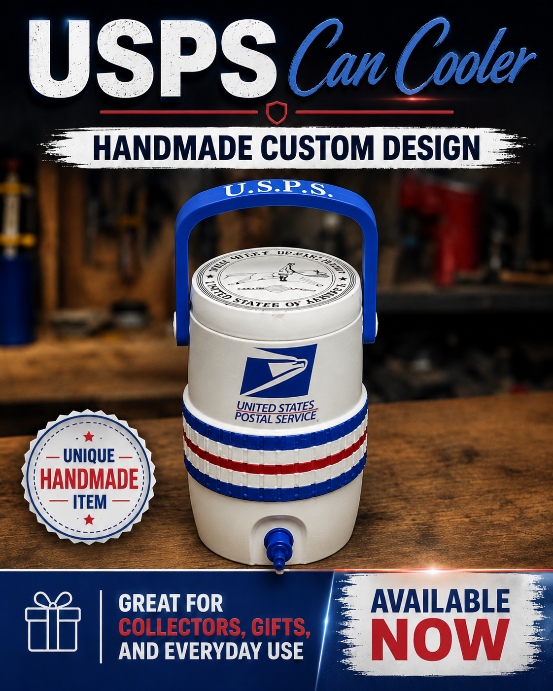 USPS-Inspired Handmade Can Cooler | Red, White & Blue Custom Cooler
