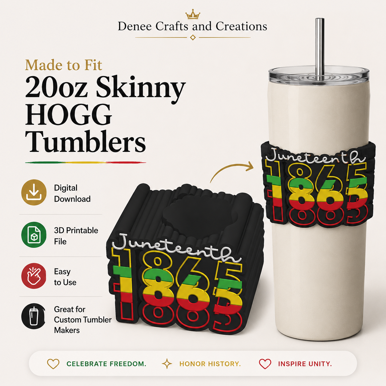 Juneteenth 1865 20oz Skinny Tumbler Sleeve Digital File | Compatible with HOGG-Style Tumblers | 3D Printable STL Design