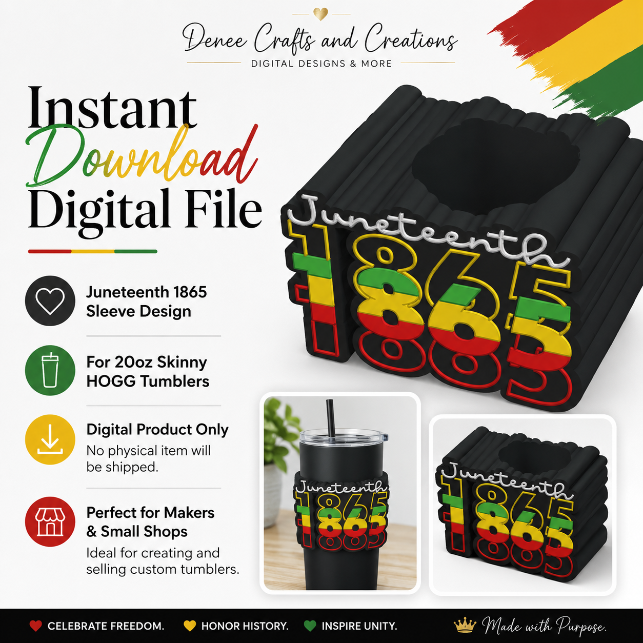 Juneteenth 1865 20oz Skinny Tumbler Sleeve Digital File | Compatible with HOGG-Style Tumblers | 3D Printable STL Design