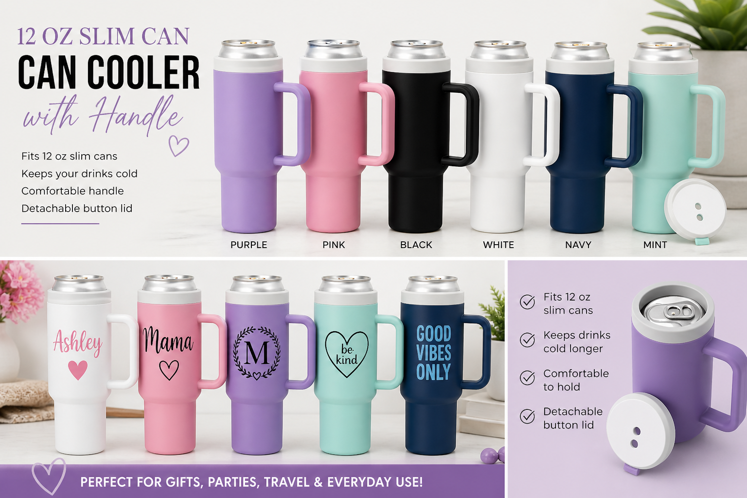 3D Printed - 12oz Slim Can Cooler with Handle – Personalized Drink Holder