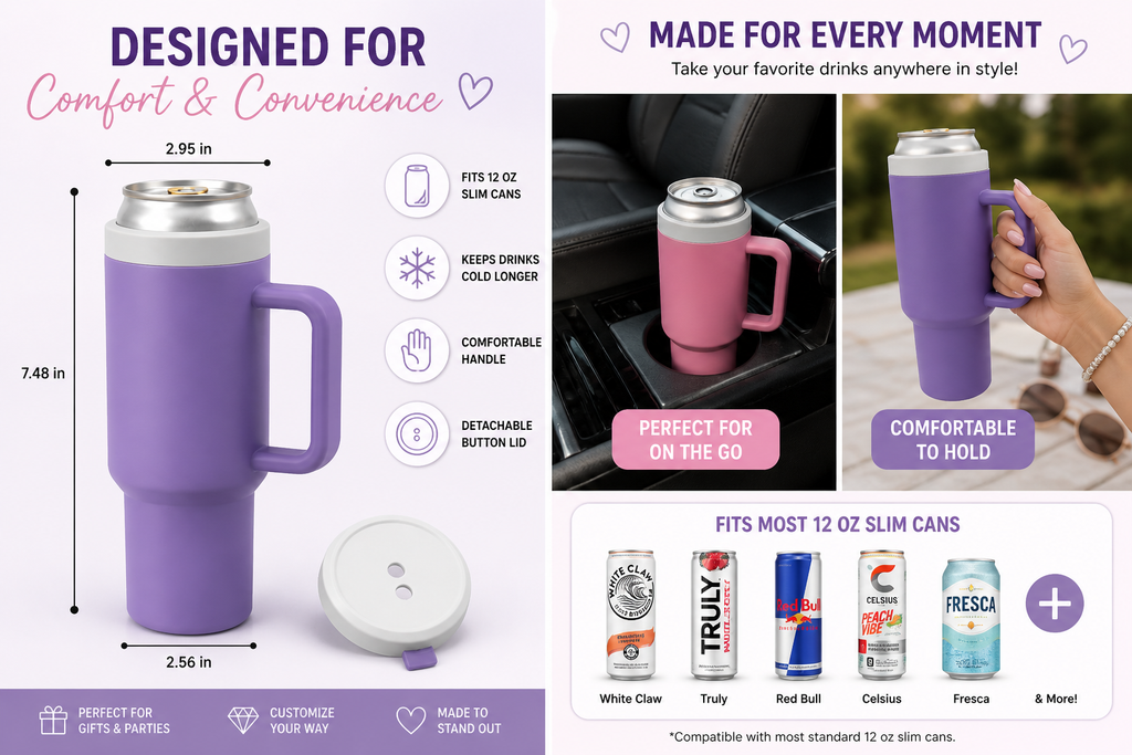 3D Printed - 12oz Slim Can Cooler with Handle – Personalized Drink Holder