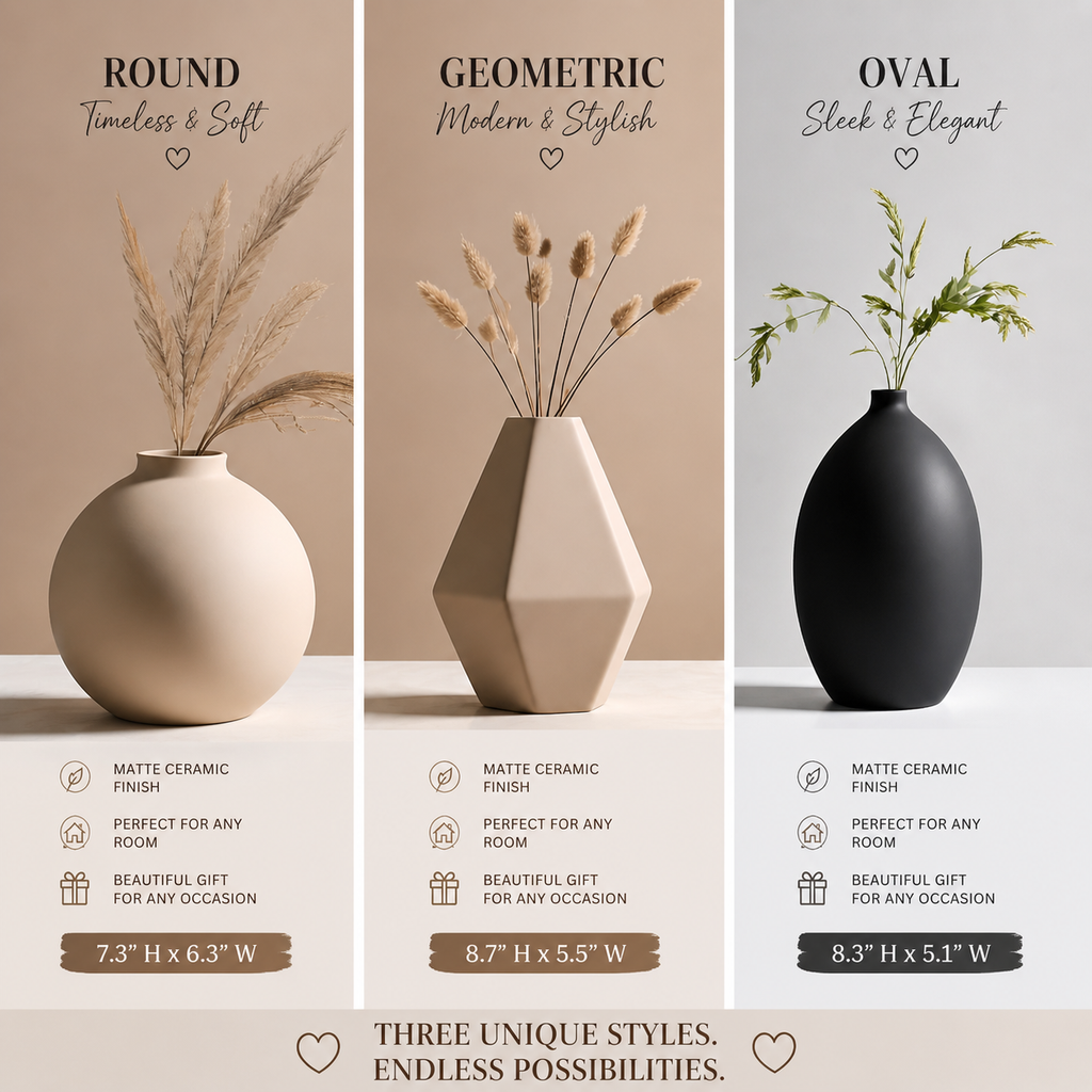 Minimalist Ceramic Vase Set | Modern Neutral Home Decor | Round, Geometric & Oval Vases | Boho Table Decor | Living Room Styling Pieces | 3D
