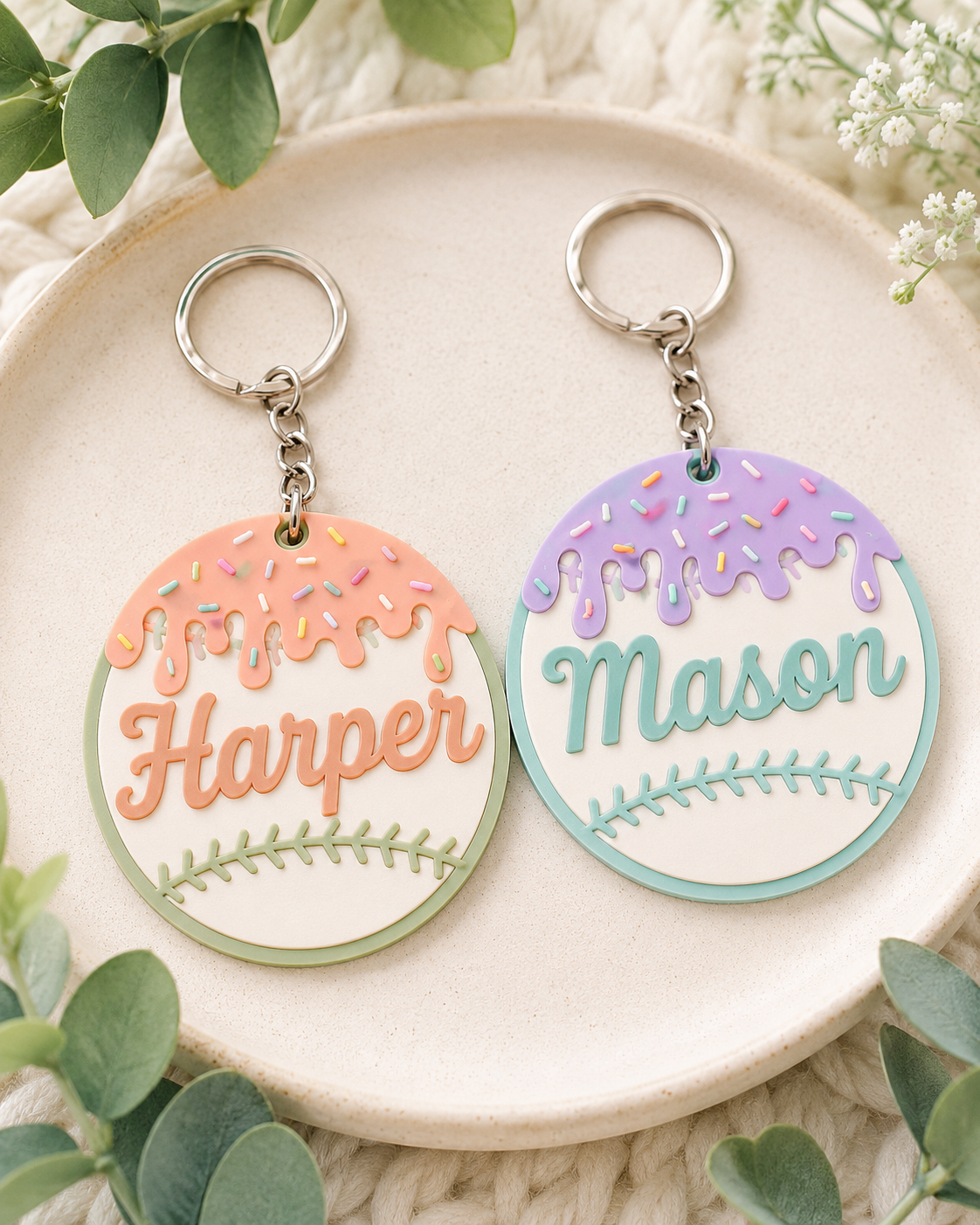 Personalized Baseball Keychain, Drip Design, Custom Name Bag Charm