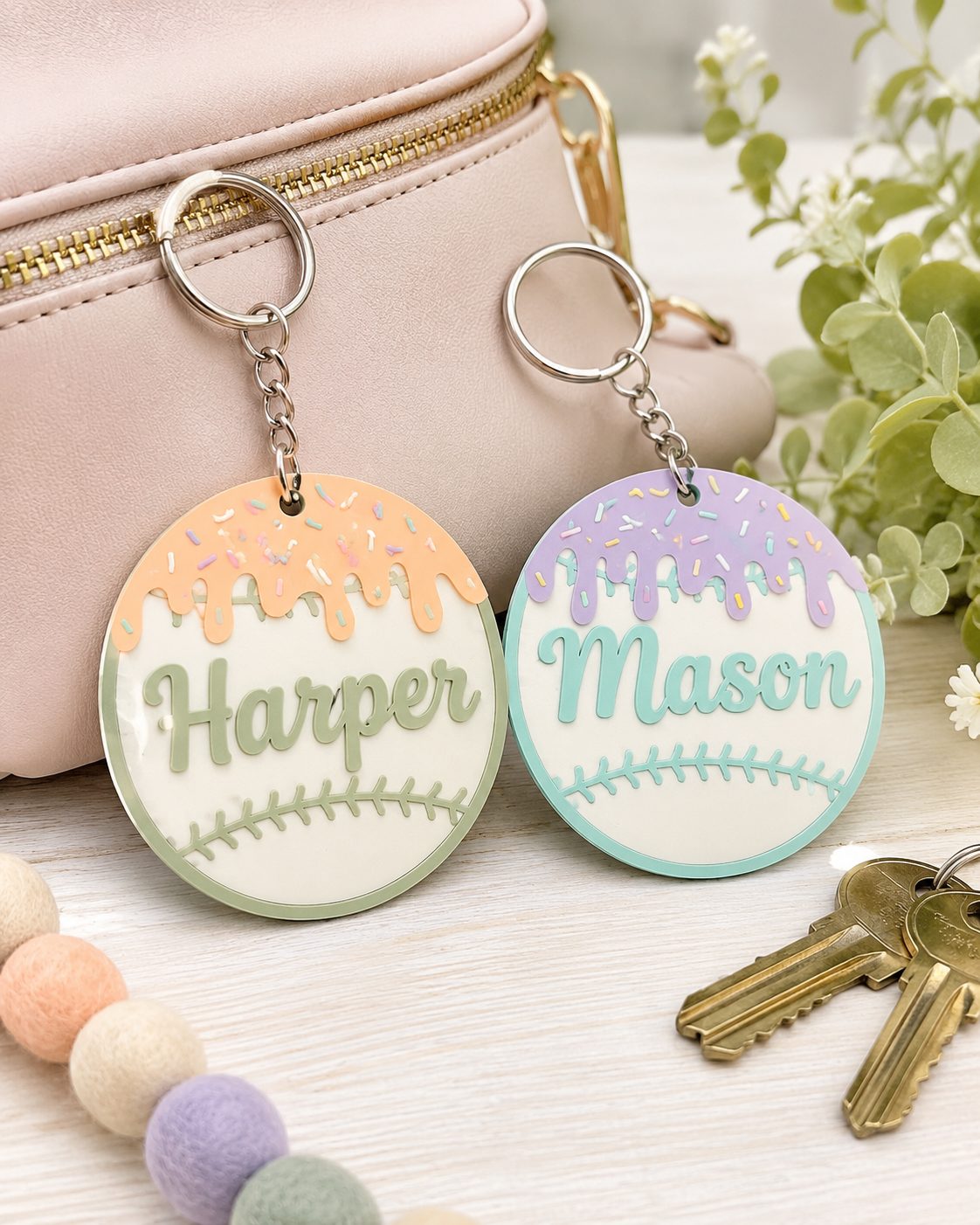 Personalized Baseball Keychain, Drip Design, Custom Name Bag Charm