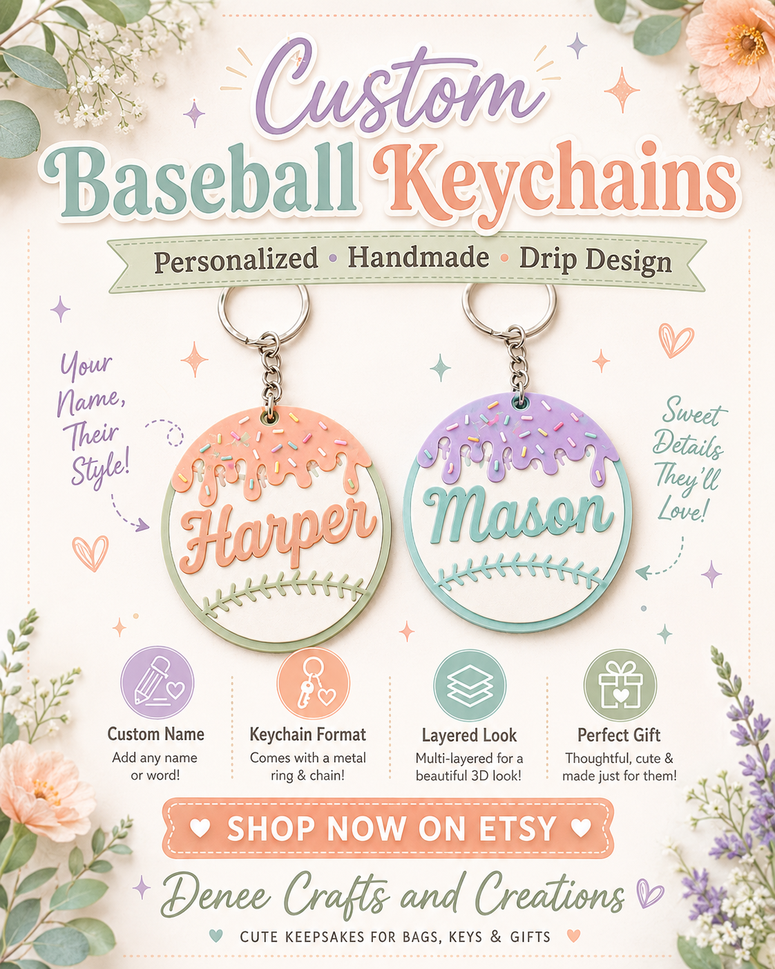Personalized Baseball Keychain, Drip Design, Custom Name Bag Charm