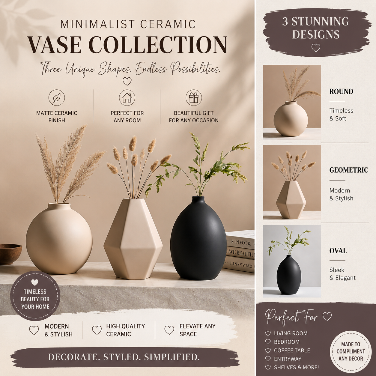 Minimalist Ceramic Vase Set | Modern Neutral Home Decor | Round, Geometric & Oval Vases | Boho Table Decor | Living Room Styling Pieces | 3D