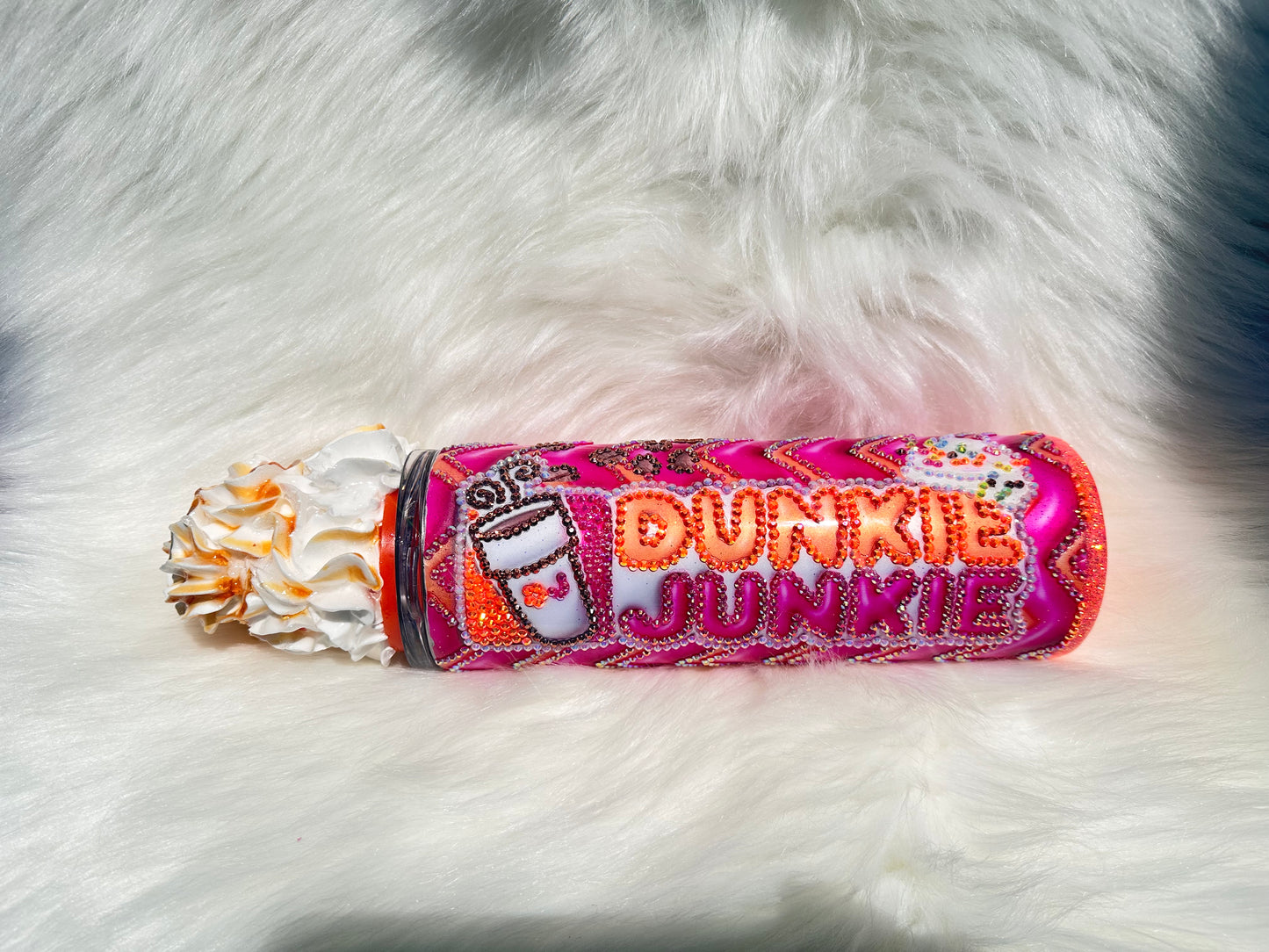 Dunkie Junkie’ Dunkin’ Donuts Tumbler with Whipped Cream Topper and Rhinestone Embellishments