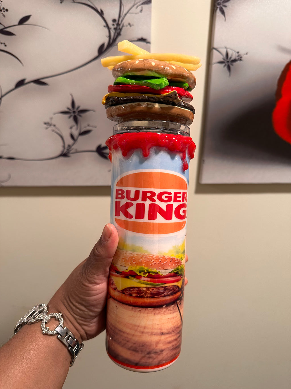 Burger King Inspired 3D Tumbler – Hand Sculpted Food Topper – 20oz Epoxy Custom Cup – Realistic Burger & Fries Lid – Unique Handmade Gift