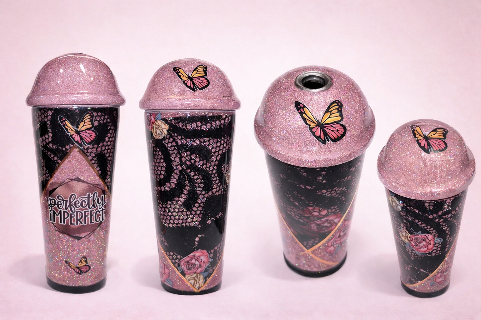 Perfectly Imperfect Butterfly Glitter Tumbler | Handmade Pink & Black Epoxy Cup with Dome Lid