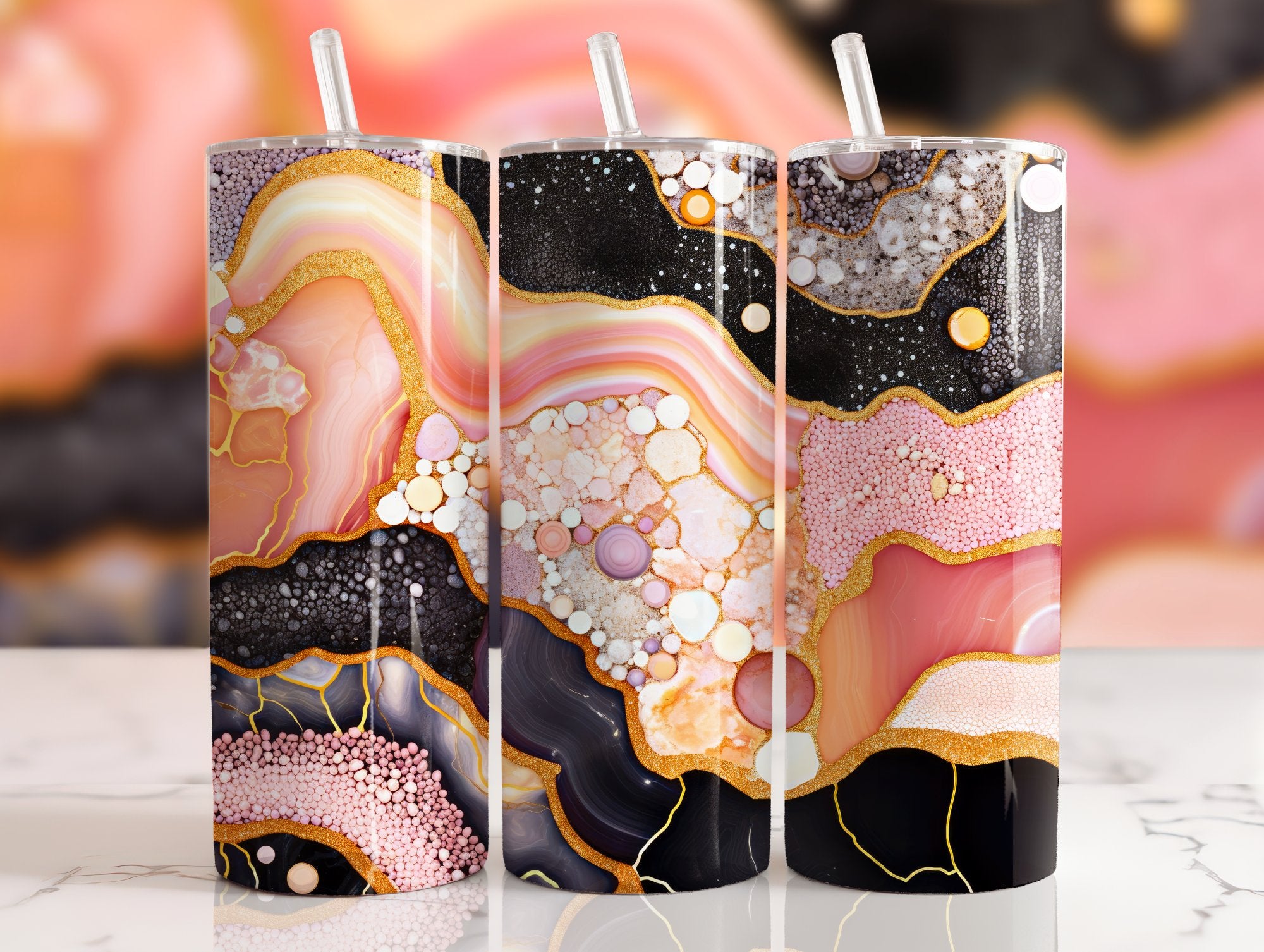 Luxury Black & Gold Geode Tumbler | Marble Agate Alcohol Ink Design | 20oz Skinny Stainless Steel Tumbler