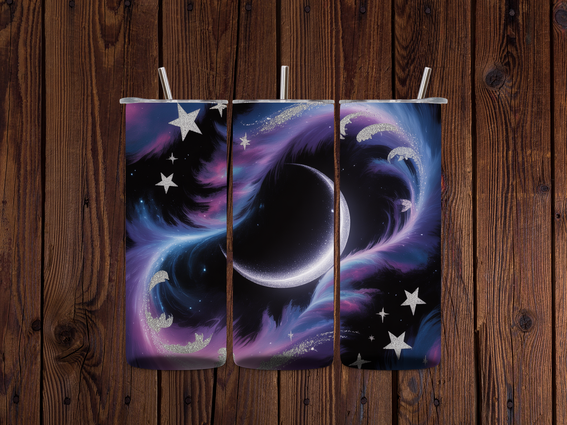 Galaxy-themed artwork with a moon and stars on a wooden background