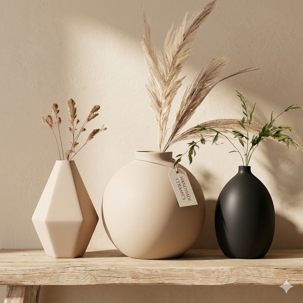 Minimalist Ceramic Vase Set | Modern Neutral Home Decor | Round, Geometric & Oval Vases | Boho Table Decor | Living Room Styling Pieces | 3D