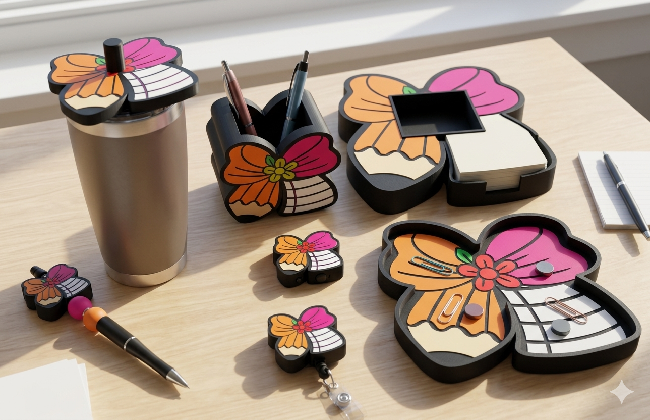 Butterfly-themed desk accessories including a cup holder, pen holder, and sticky notes on a wooden surface.