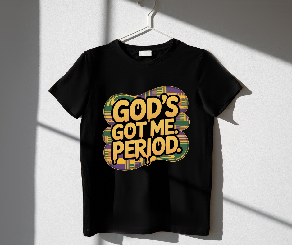 Black t-shirt with colorful text design on a white background