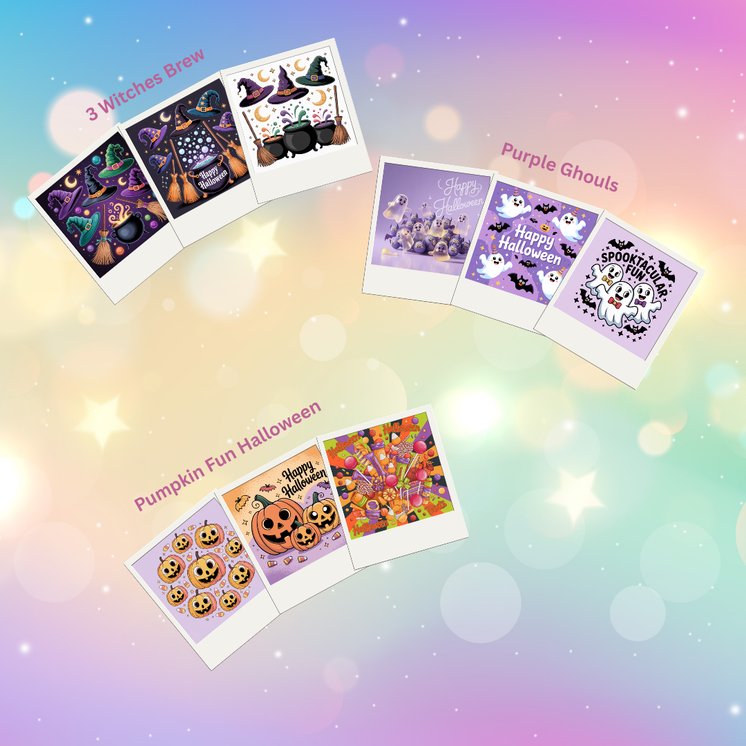 Set of Halloween-themed cards on a colorful gradient background