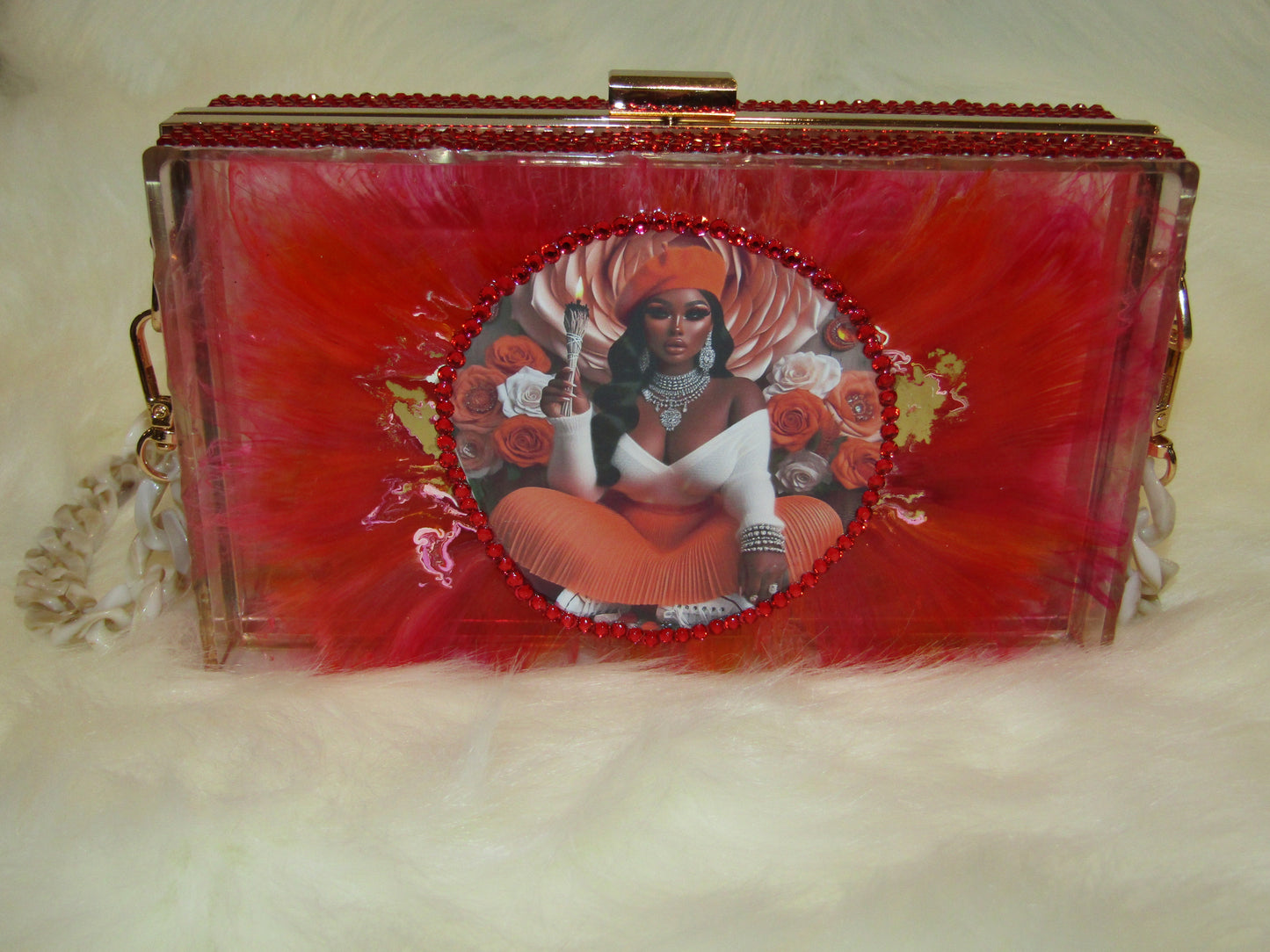 Glamorous Ruby Resin Clutch with Sparkling Rhinestones