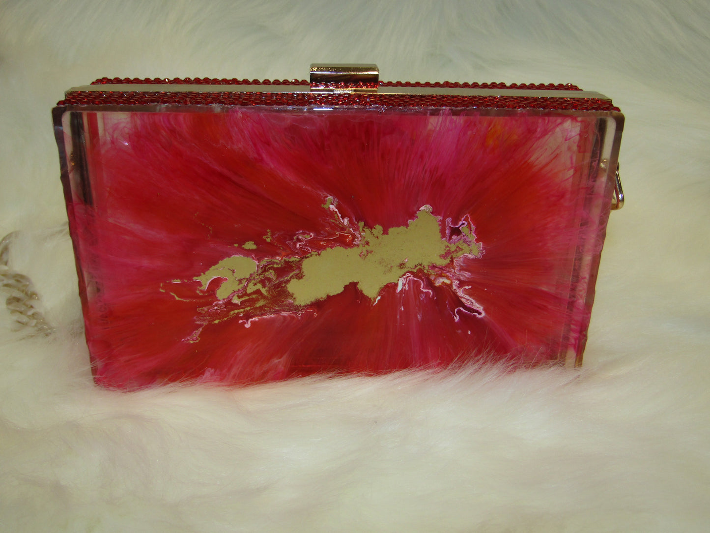 Glamorous Ruby Resin Clutch with Sparkling Rhinestones