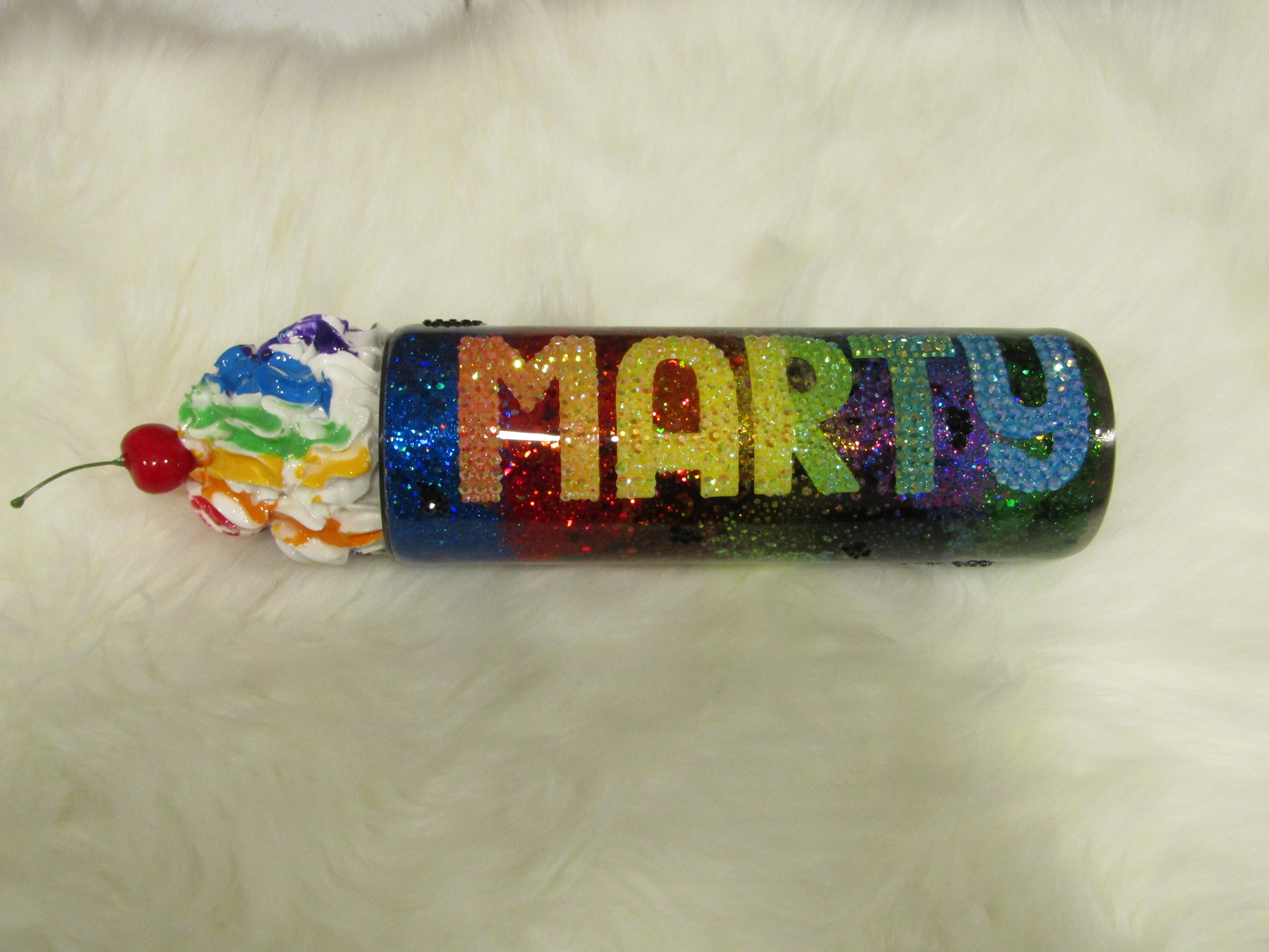 Custom “Mardi Gras Pride” Rainbow Rhinestone Tumbler with Whipped Cream Topper
